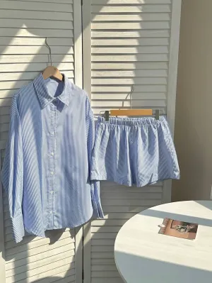 2pcs Women's Striped Long Sleeve Shirt & Shorts Set