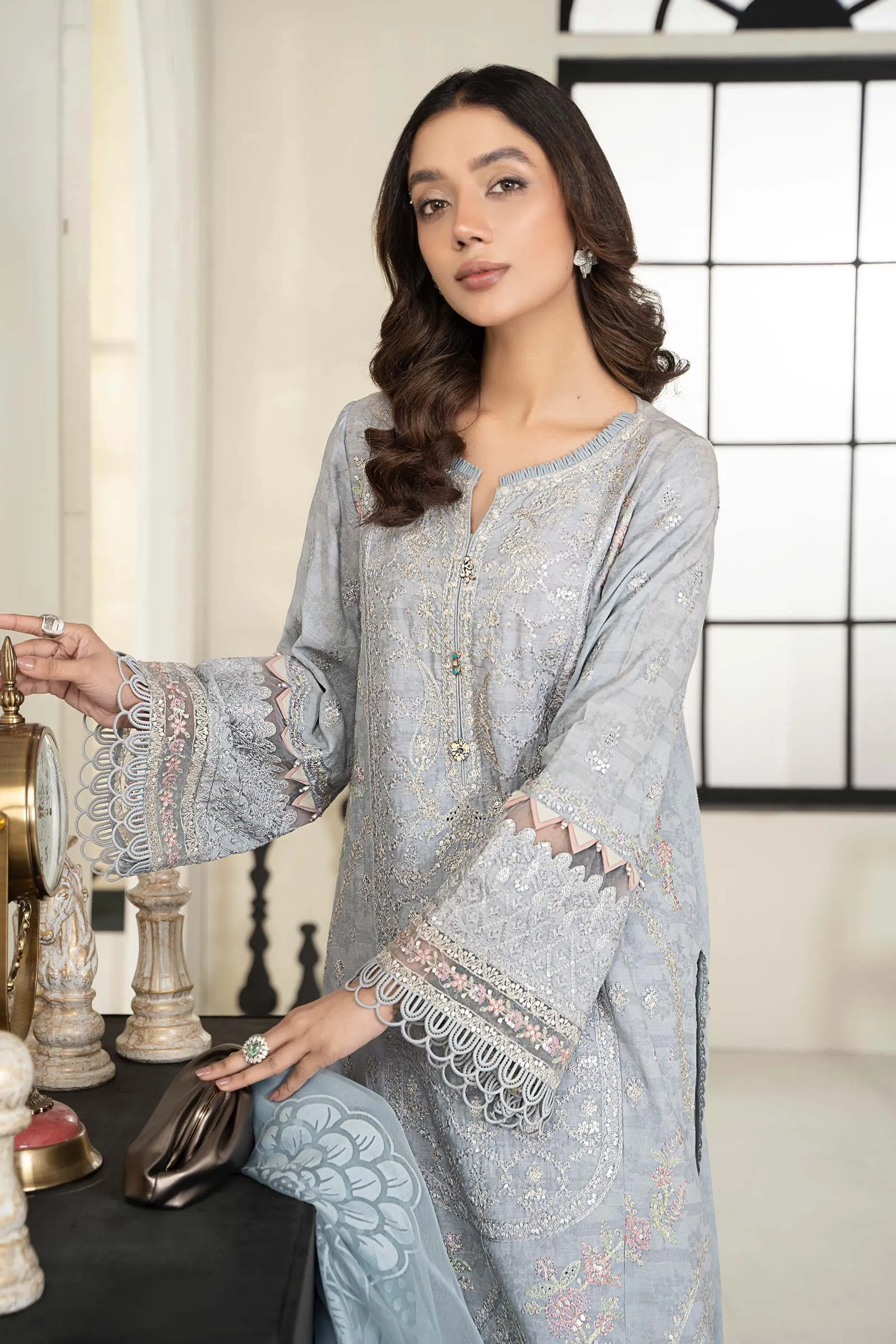 3 Piece Embroidered Self Jacquard Suit | DW-EF24-31