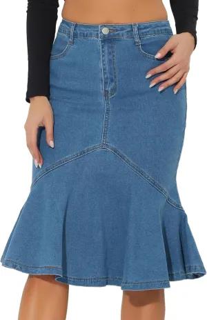 Allegra K Denim Jean Skirt for Women's High Waist Bodycon Ruffles Fishtail Skirts