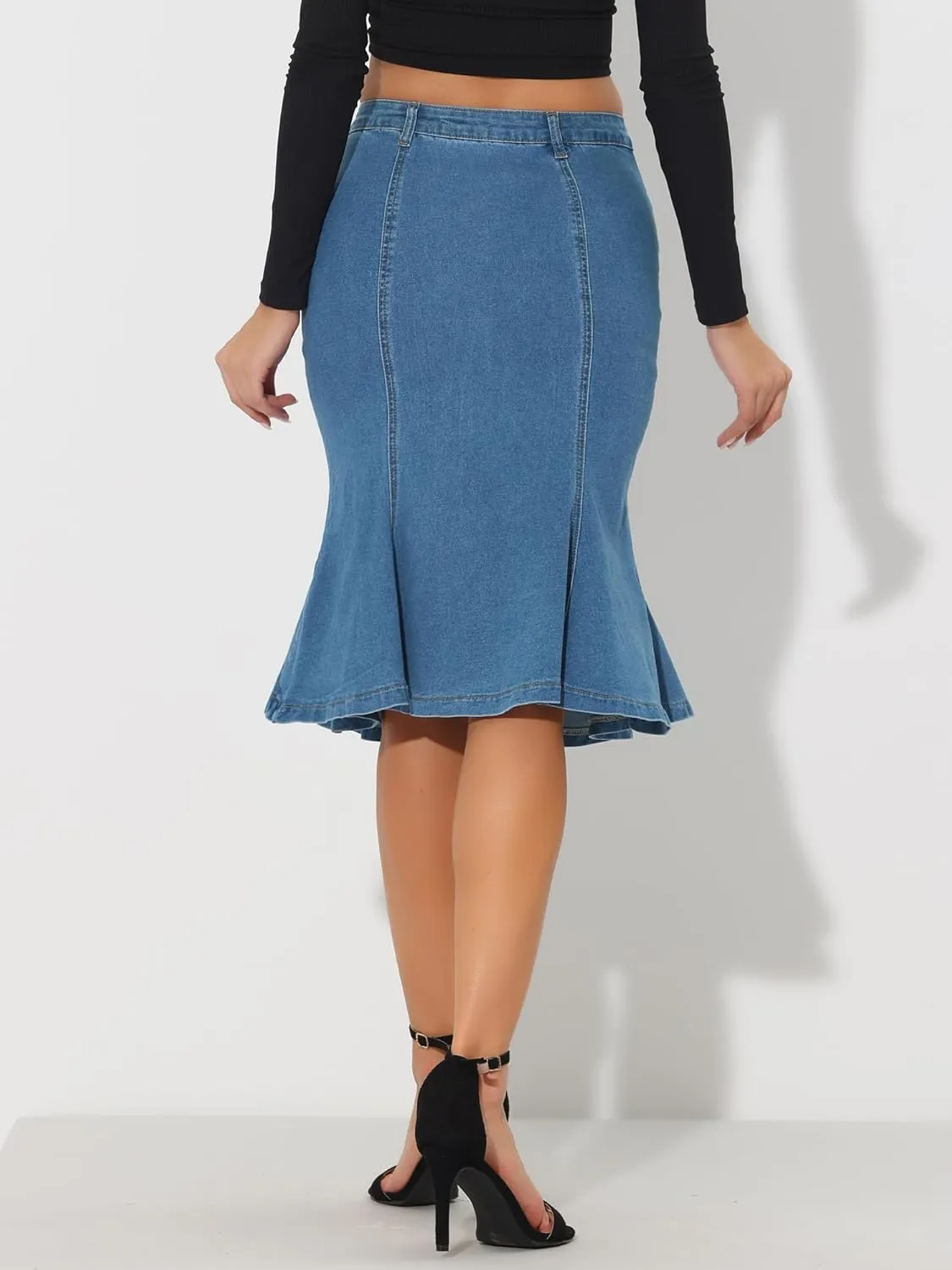 Allegra K Denim Jean Skirt for Women's High Waist Bodycon Ruffles Fishtail Skirts
