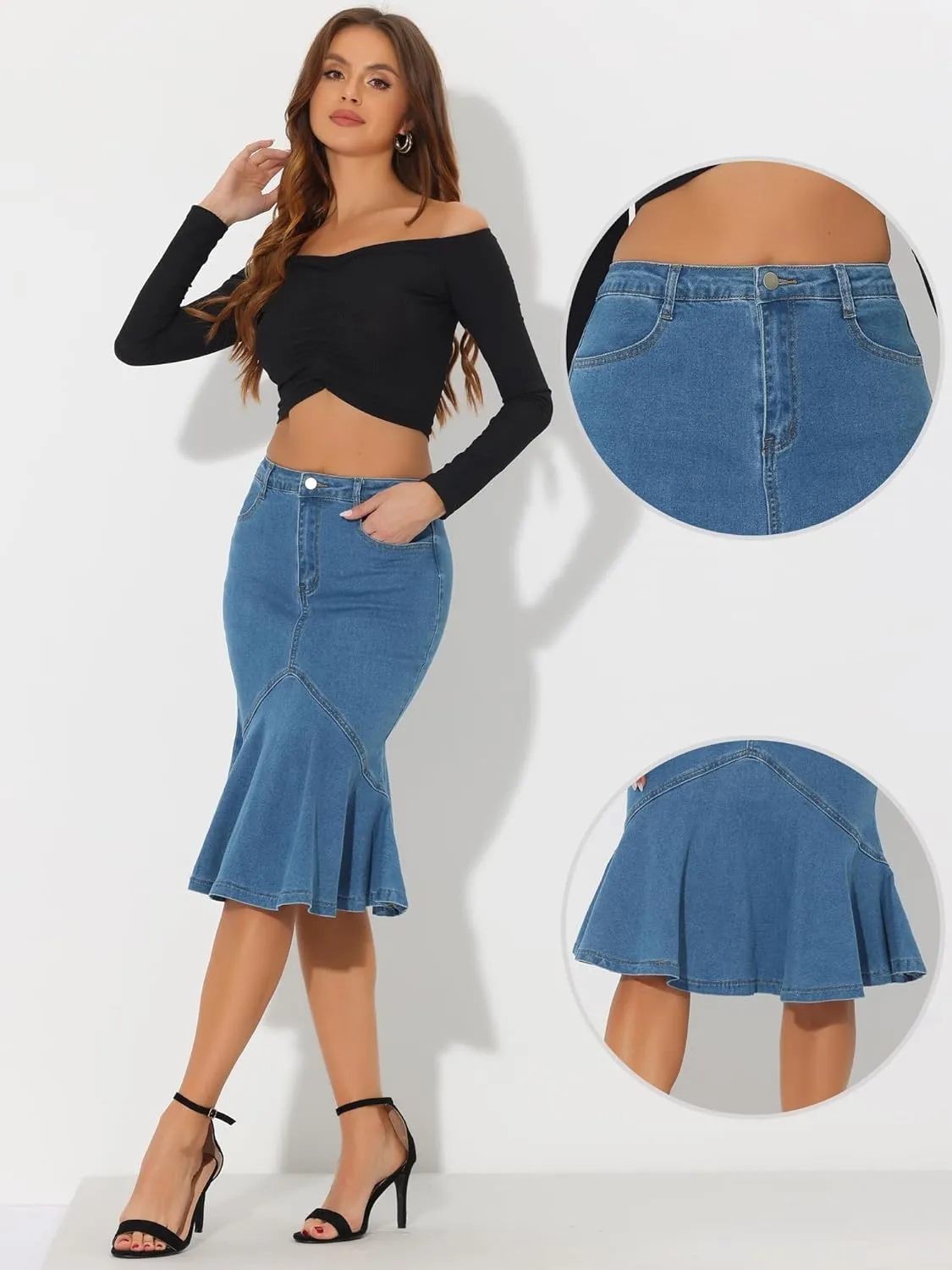 Allegra K Denim Jean Skirt for Women's High Waist Bodycon Ruffles Fishtail Skirts