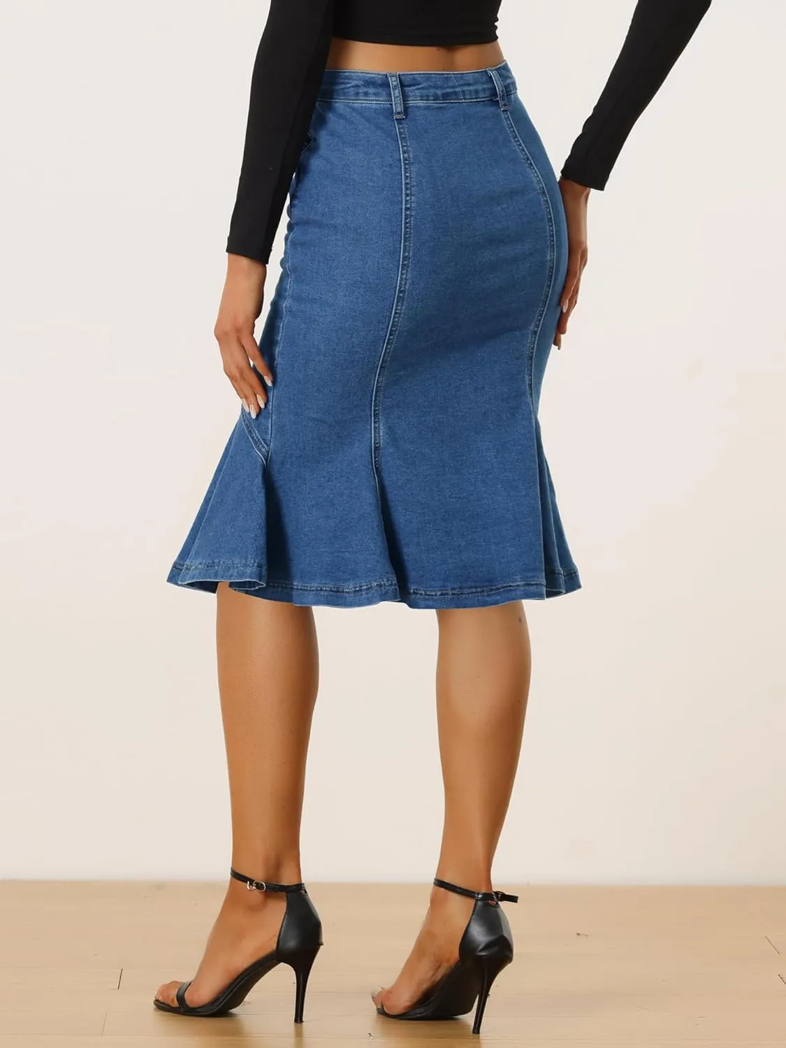 Allegra K Denim Jean Skirt for Women's High Waist Bodycon Ruffles Fishtail Skirts