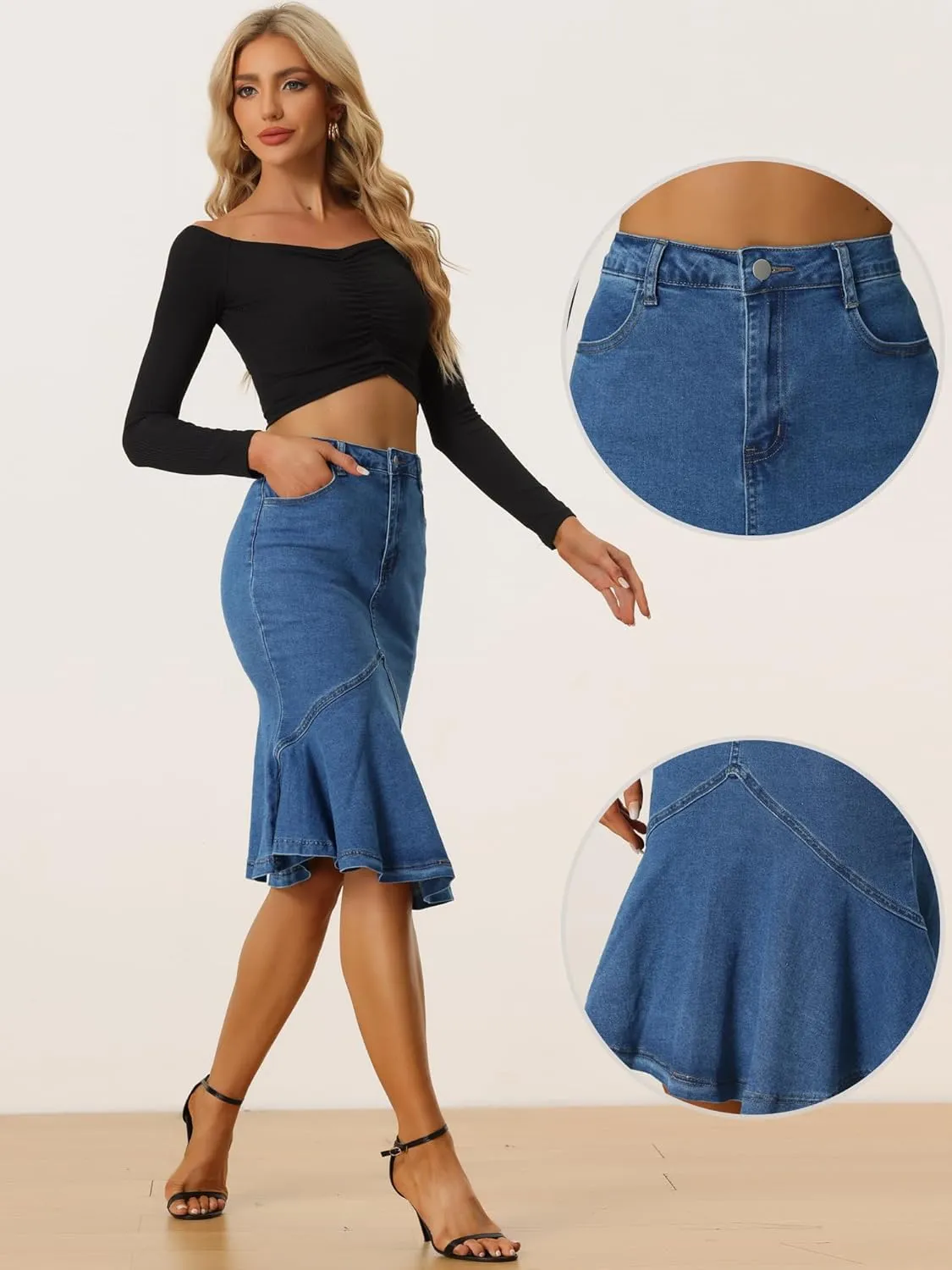 Allegra K Denim Jean Skirt for Women's High Waist Bodycon Ruffles Fishtail Skirts