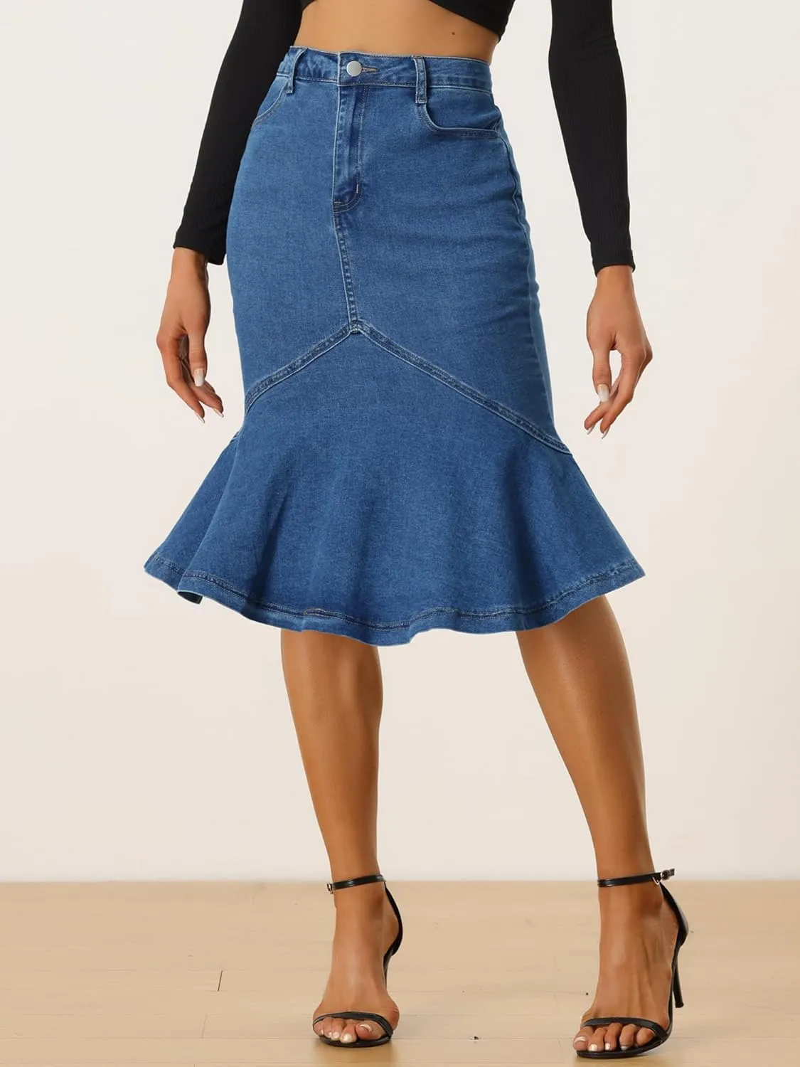 Allegra K Denim Jean Skirt for Women's High Waist Bodycon Ruffles Fishtail Skirts
