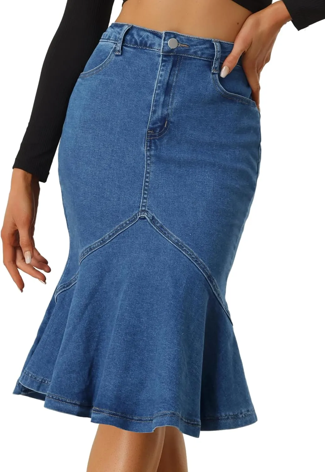 Allegra K Denim Jean Skirt for Women's High Waist Bodycon Ruffles Fishtail Skirts