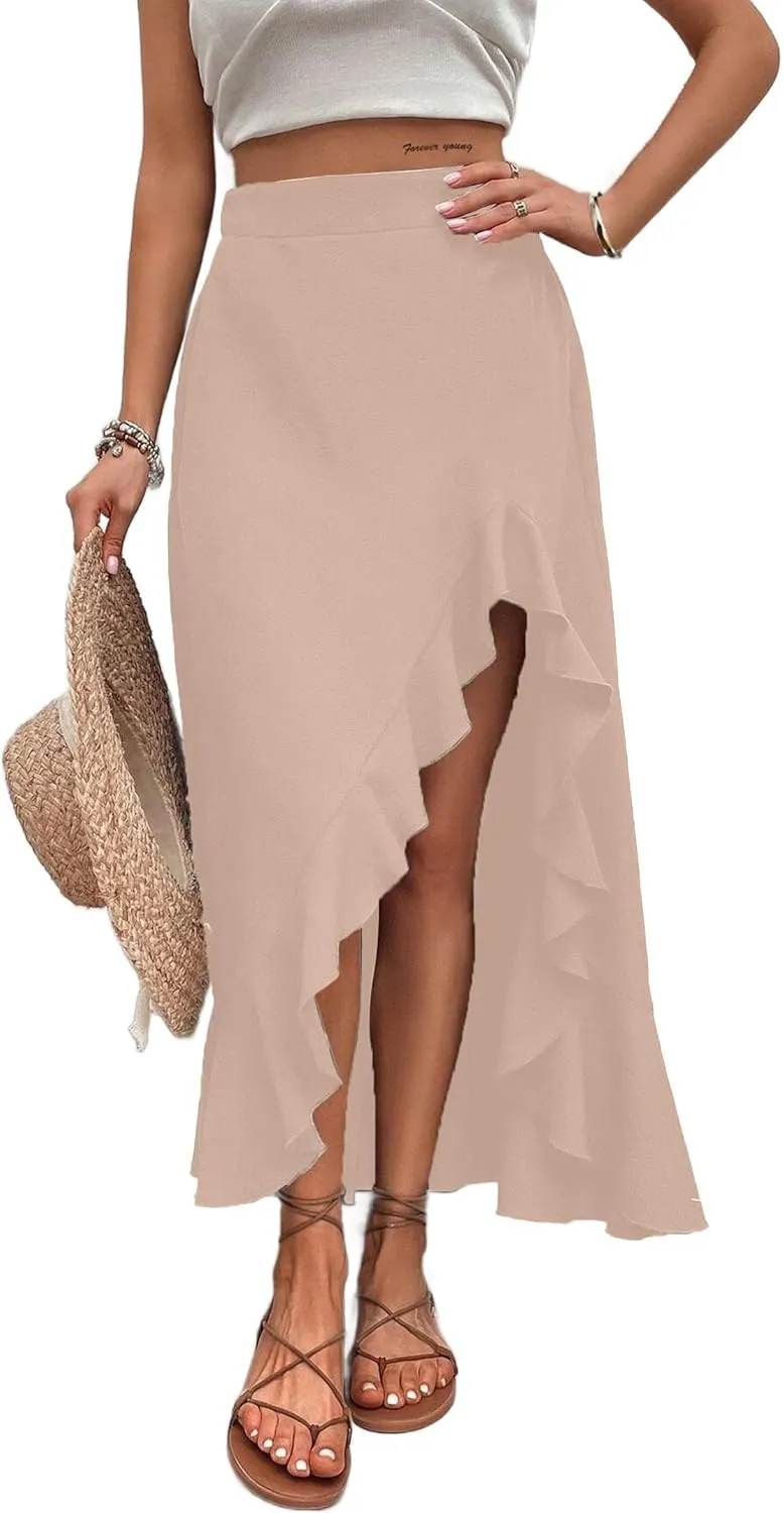 Avanova Women's Slit Split Ruffle Long Skirts High Waisted Summer Flowy Maxi Skirts