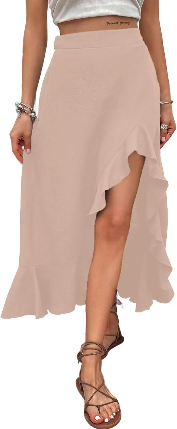 Avanova Women's Slit Split Ruffle Long Skirts High Waisted Summer Flowy Maxi Skirts