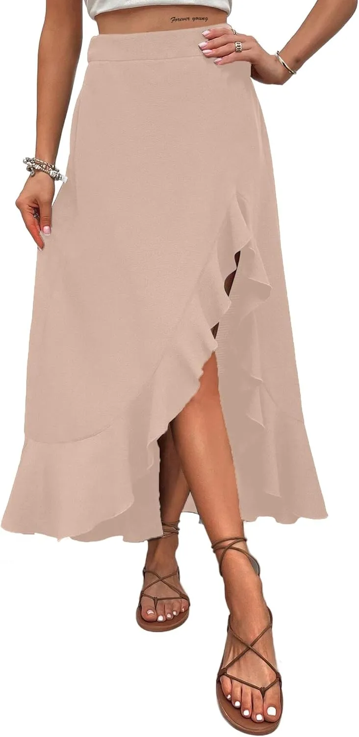 Avanova Women's Slit Split Ruffle Long Skirts High Waisted Summer Flowy Maxi Skirts