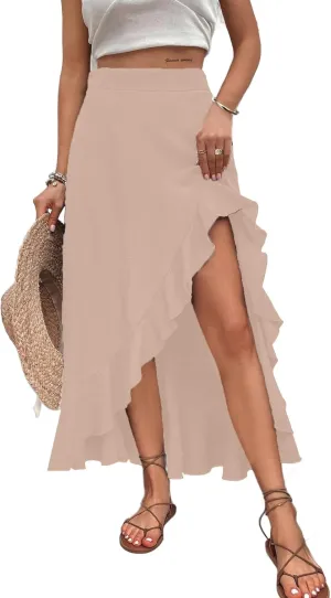 Avanova Women's Slit Split Ruffle Long Skirts High Waisted Summer Flowy Maxi Skirts