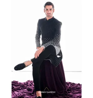 Black To Silver Ombre Sherwani Set