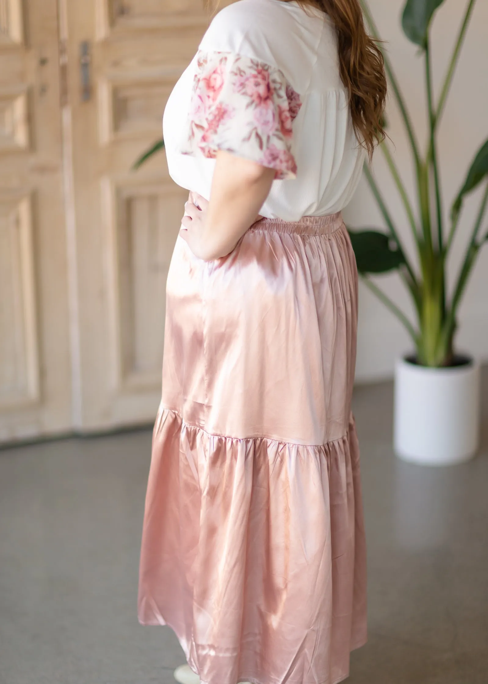 Blush Satin Tiered Midi Skirt - FINAL SALE