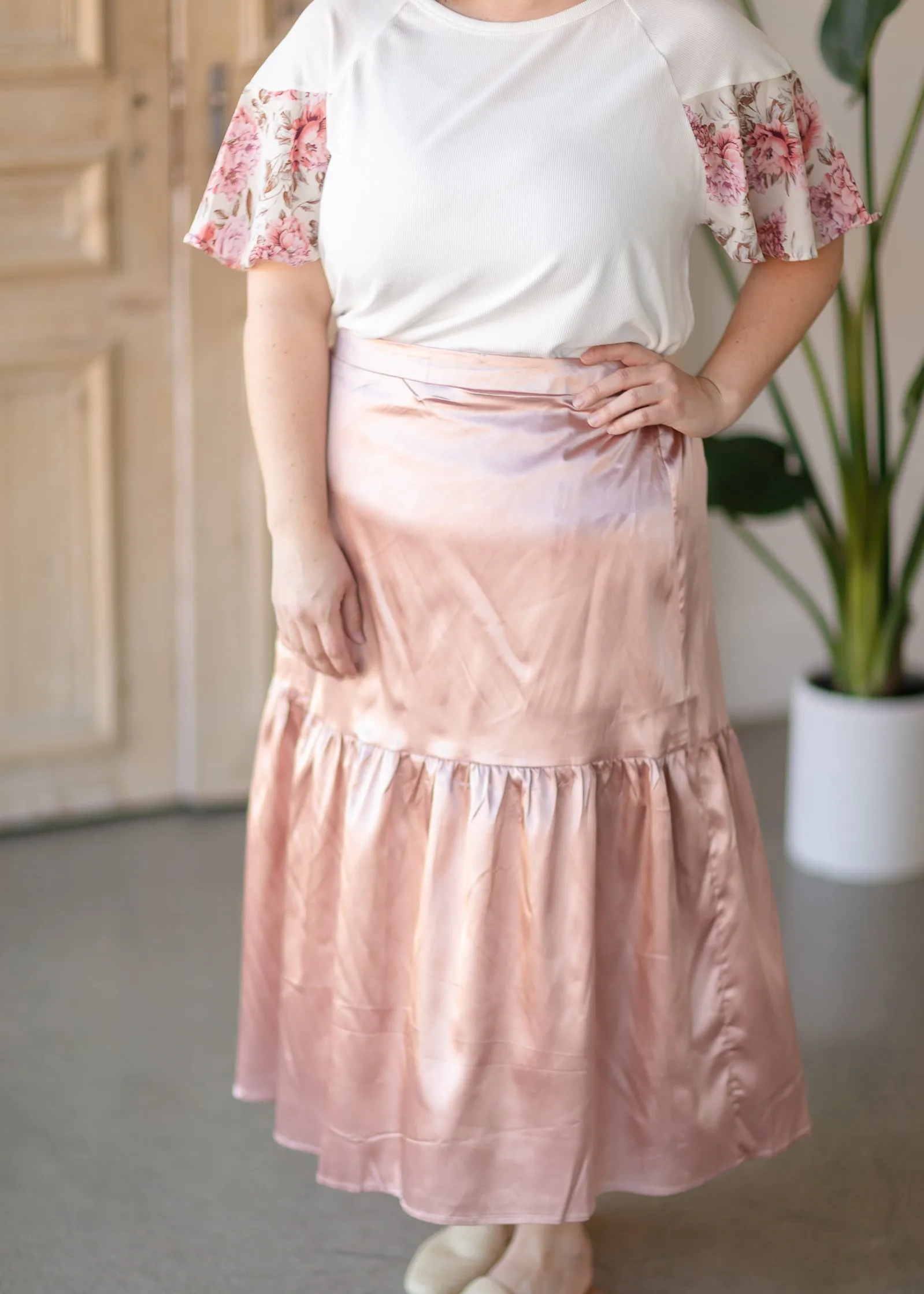 Blush Satin Tiered Midi Skirt - FINAL SALE