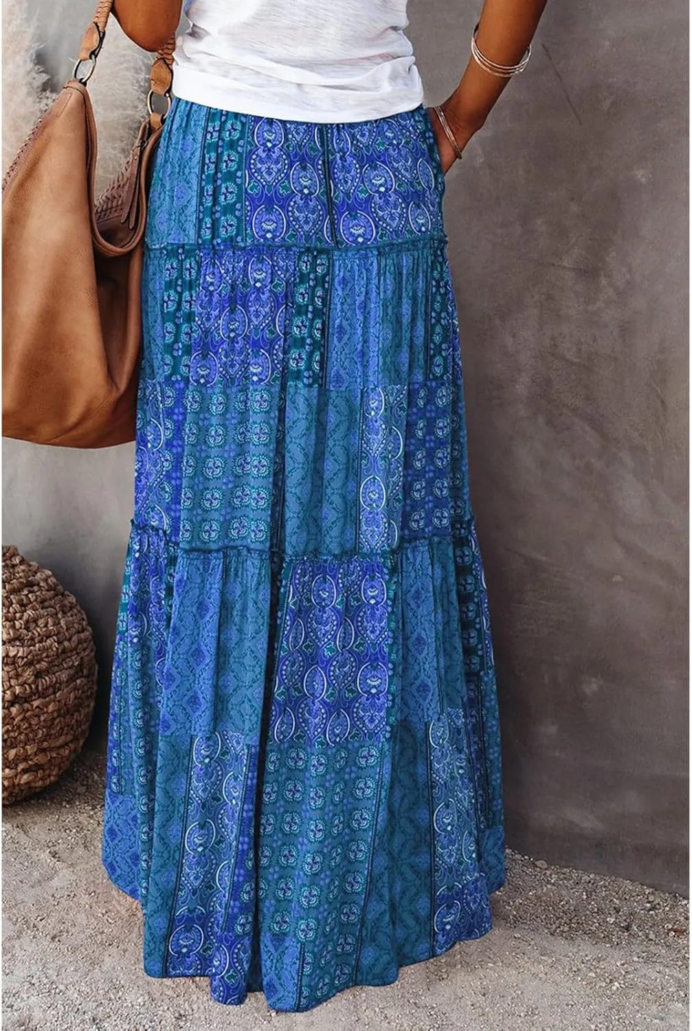 Bohemian Long Skirts Women's Flowy High Waist A Line Summer Pleated Maxi Skirts for Women with Pockets Drawstring