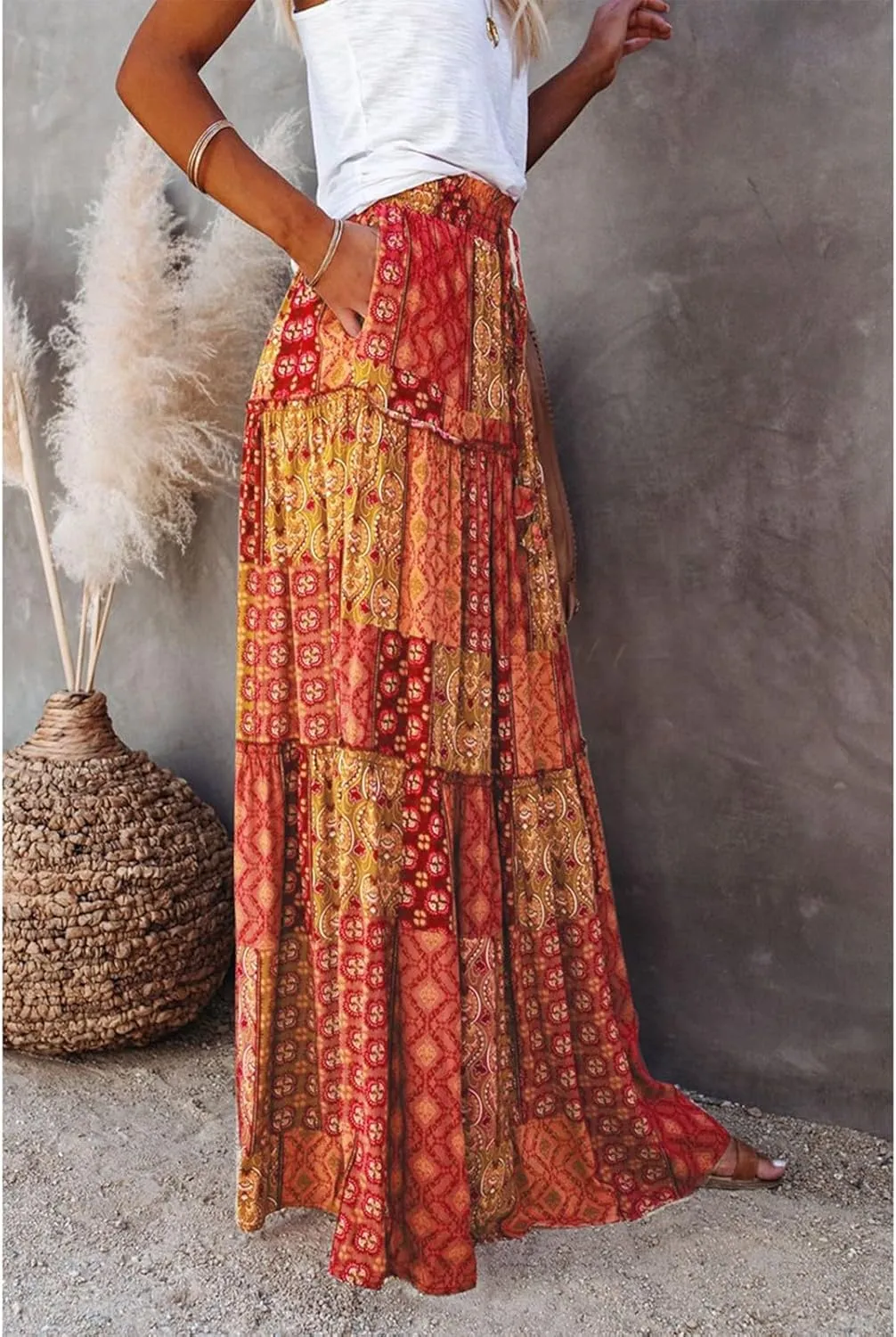 Bohemian Long Skirts Women's Flowy High Waist A Line Summer Pleated Maxi Skirts for Women with Pockets Drawstring