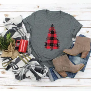 Buffalo Plaid Distressed Christmas Tree Shirt Grunge Style Cute Winter Christmas Shirt Holiday Tee