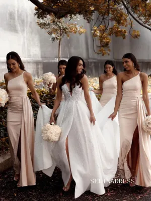 Chic A-line Deep V neck Beaded Country Wedding Dress Rustic White Bridal Dresses lpk132