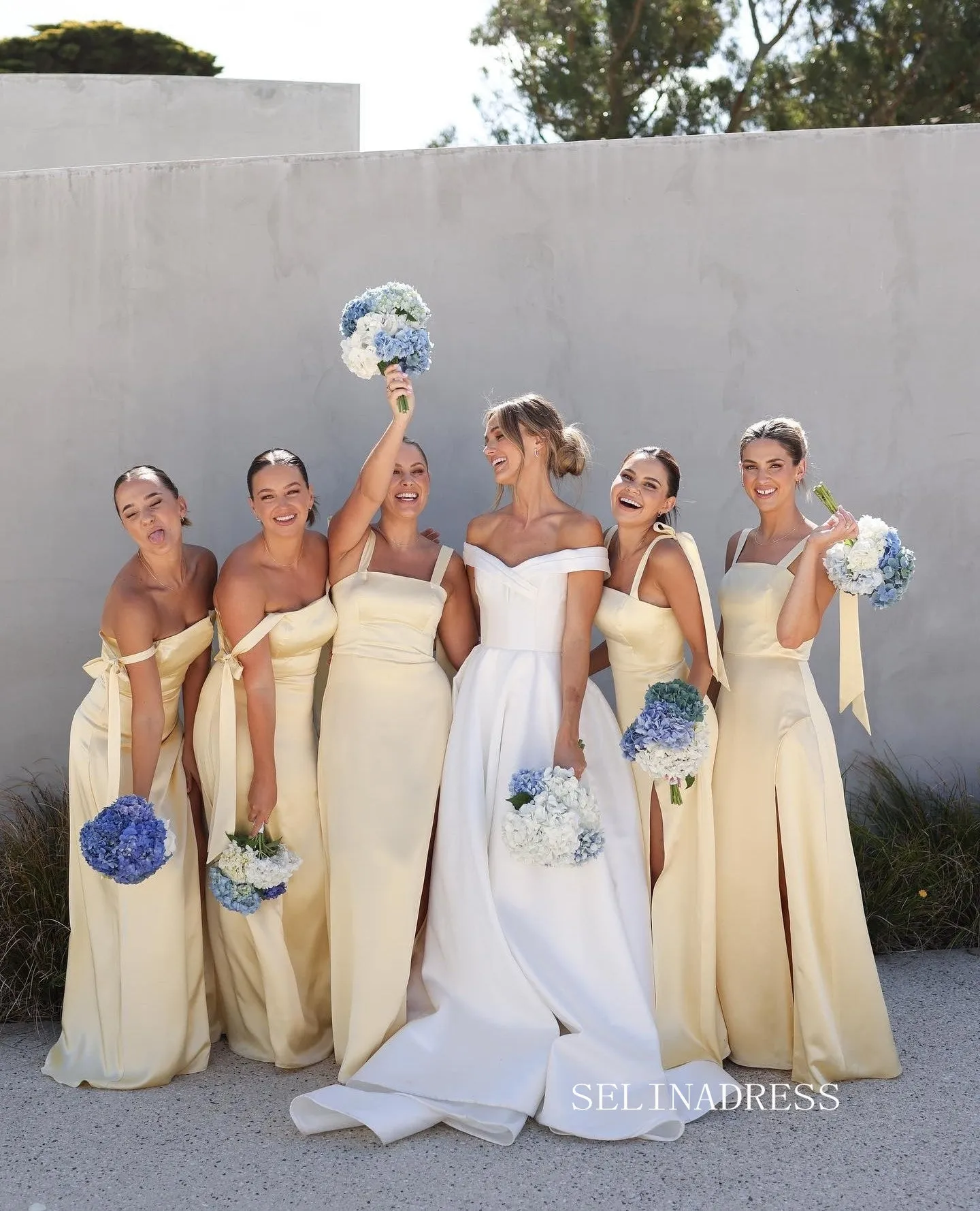 Chic A-line Off-the-shoulder Satin Wedding Dress Rustic White Bridal Gowns MLS042