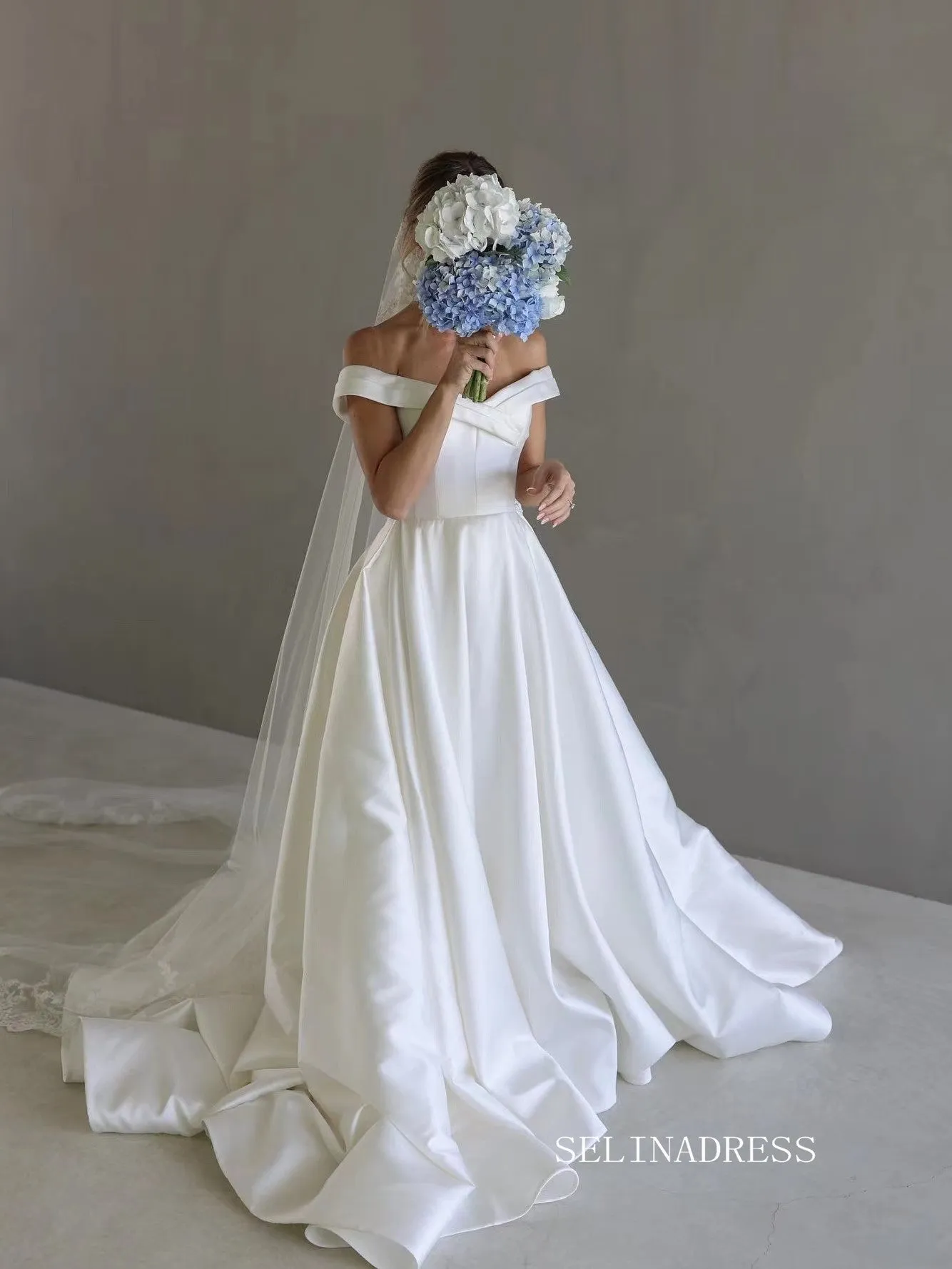 Chic A-line Off-the-shoulder Satin Wedding Dress Rustic White Bridal Gowns MLS042