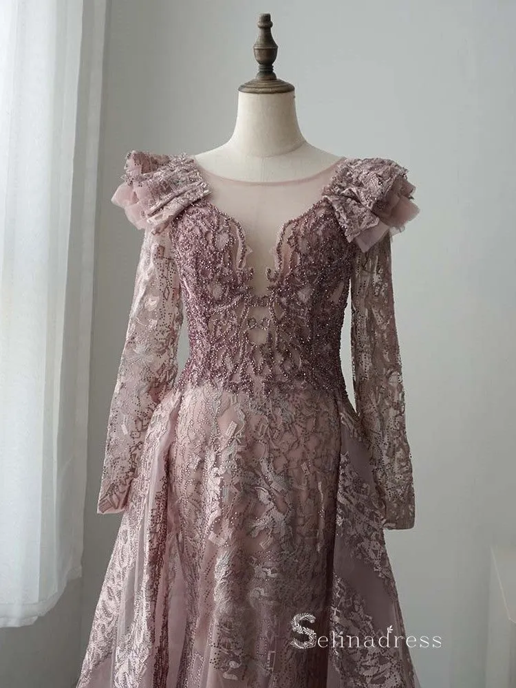Chic A-line Scoop Long Sleeve luxury Pink Long Prom Dress Embroidery Lace Evening Gowns MLH0466