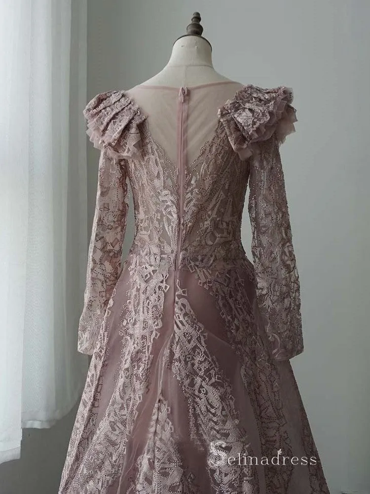Chic A-line Scoop Long Sleeve luxury Pink Long Prom Dress Embroidery Lace Evening Gowns MLH0466