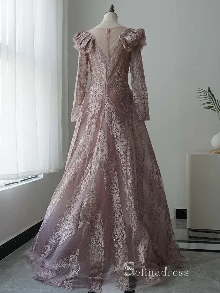 Chic A-line Scoop Long Sleeve luxury Pink Long Prom Dress Embroidery Lace Evening Gowns MLH0466