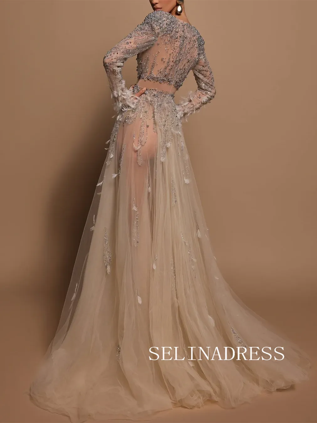 Chic A-line Silver Beaded Prom Dresses With Feather Long Sleeve Evening Gowns TKH012