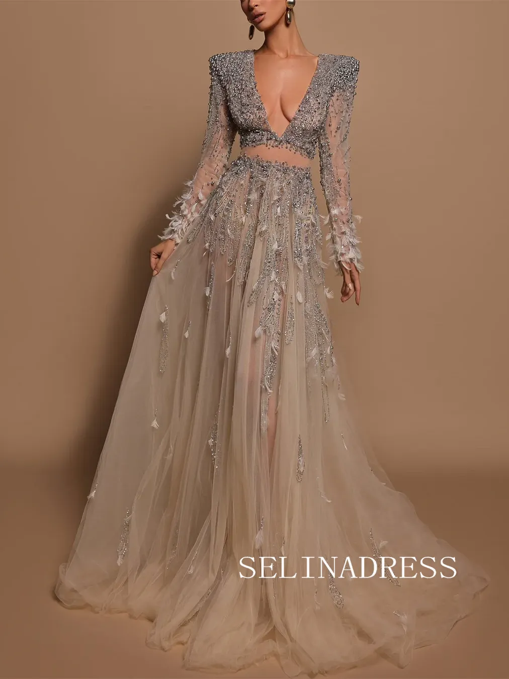 Chic A-line Silver Beaded Prom Dresses With Feather Long Sleeve Evening Gowns TKH012