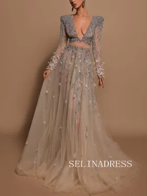 Chic A-line Silver Beaded Prom Dresses With Feather Long Sleeve Evening Gowns TKH012