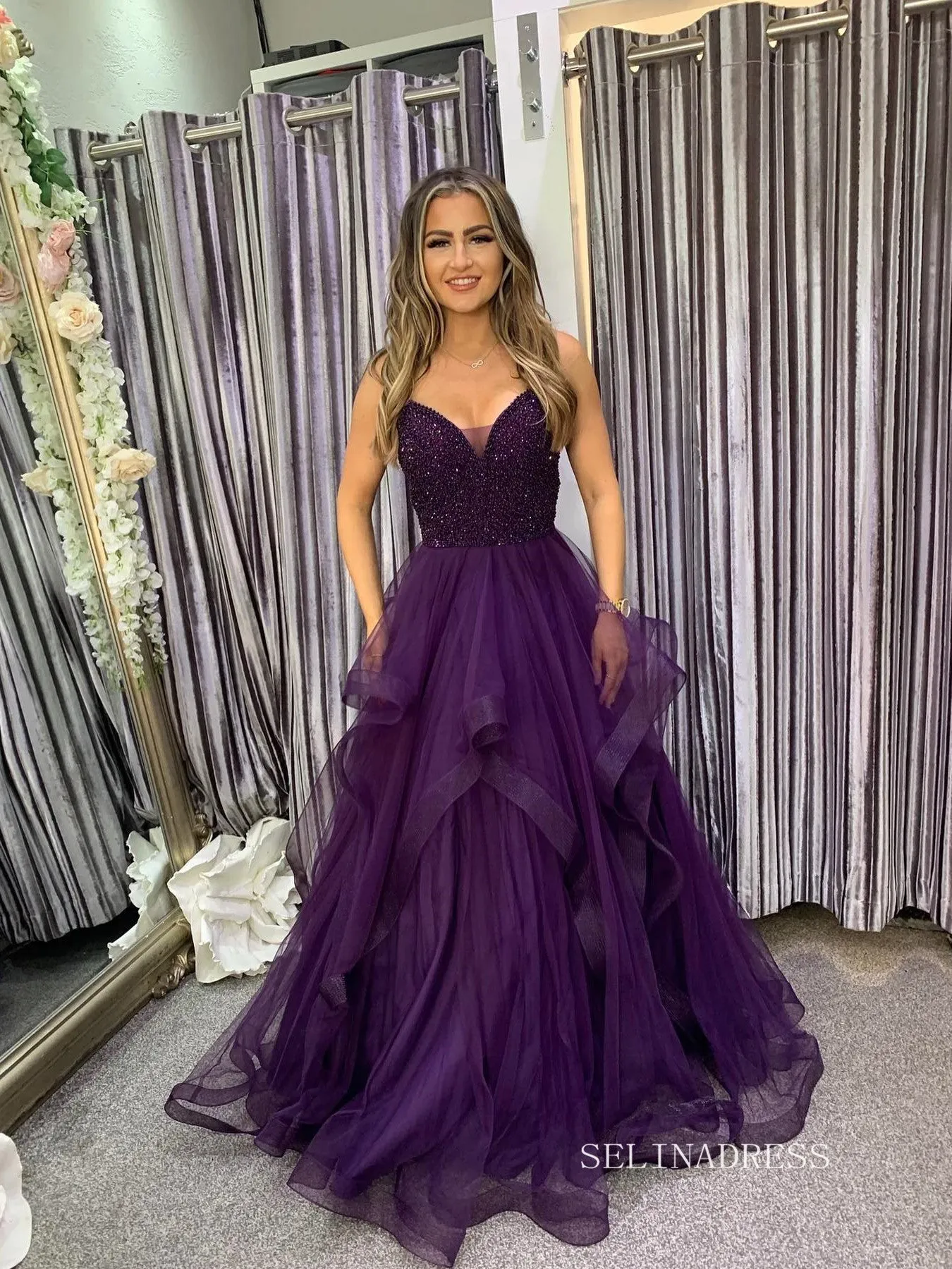 Chic A-line Spaghetti Straps Beaded Long Prom Dress Gorgeous Frill Layered Gown #OPW020