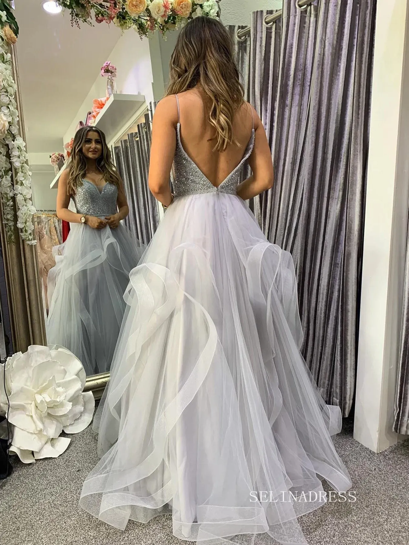 Chic A-line Spaghetti Straps Beaded Long Prom Dress Gorgeous Frill Layered Gown #OPW020