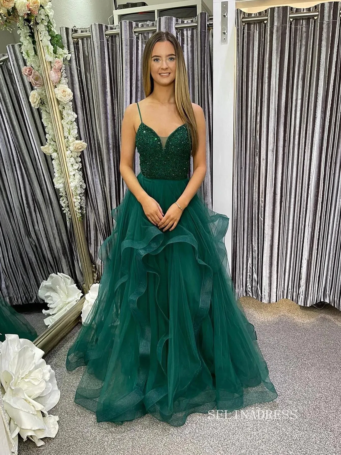 Chic A-line Spaghetti Straps Beaded Long Prom Dress Gorgeous Frill Layered Gown #OPW020