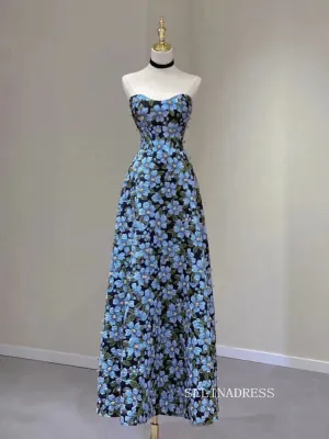 Chic A-line Strapless Morandi Blue Long Prom Dress Elegant Floral Evening Dress #QWE057