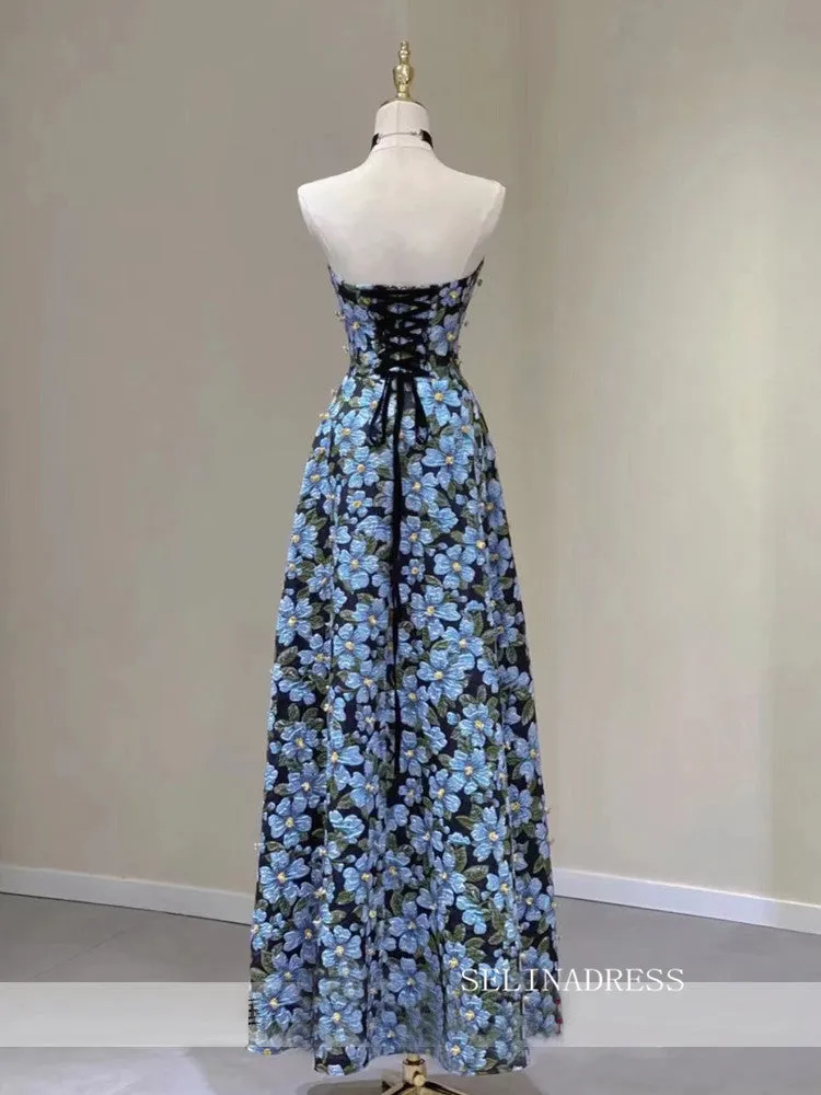 Chic A-line Strapless Morandi Blue Long Prom Dress Elegant Floral Evening Dress #QWE057