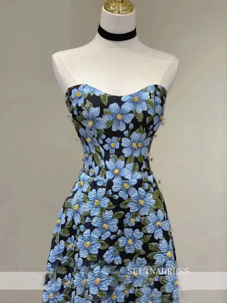 Chic A-line Strapless Morandi Blue Long Prom Dress Elegant Floral Evening Dress #QWE057