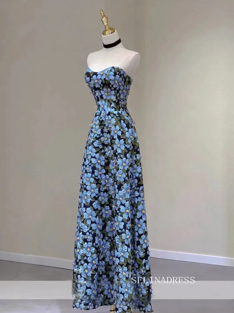 Chic A-line Strapless Morandi Blue Long Prom Dress Elegant Floral Evening Dress #QWE057