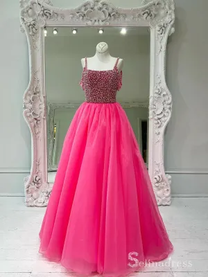 Chic A-line Straps Beaded Long Prom Dresses Fuchsia Evening Dresses MLH2010