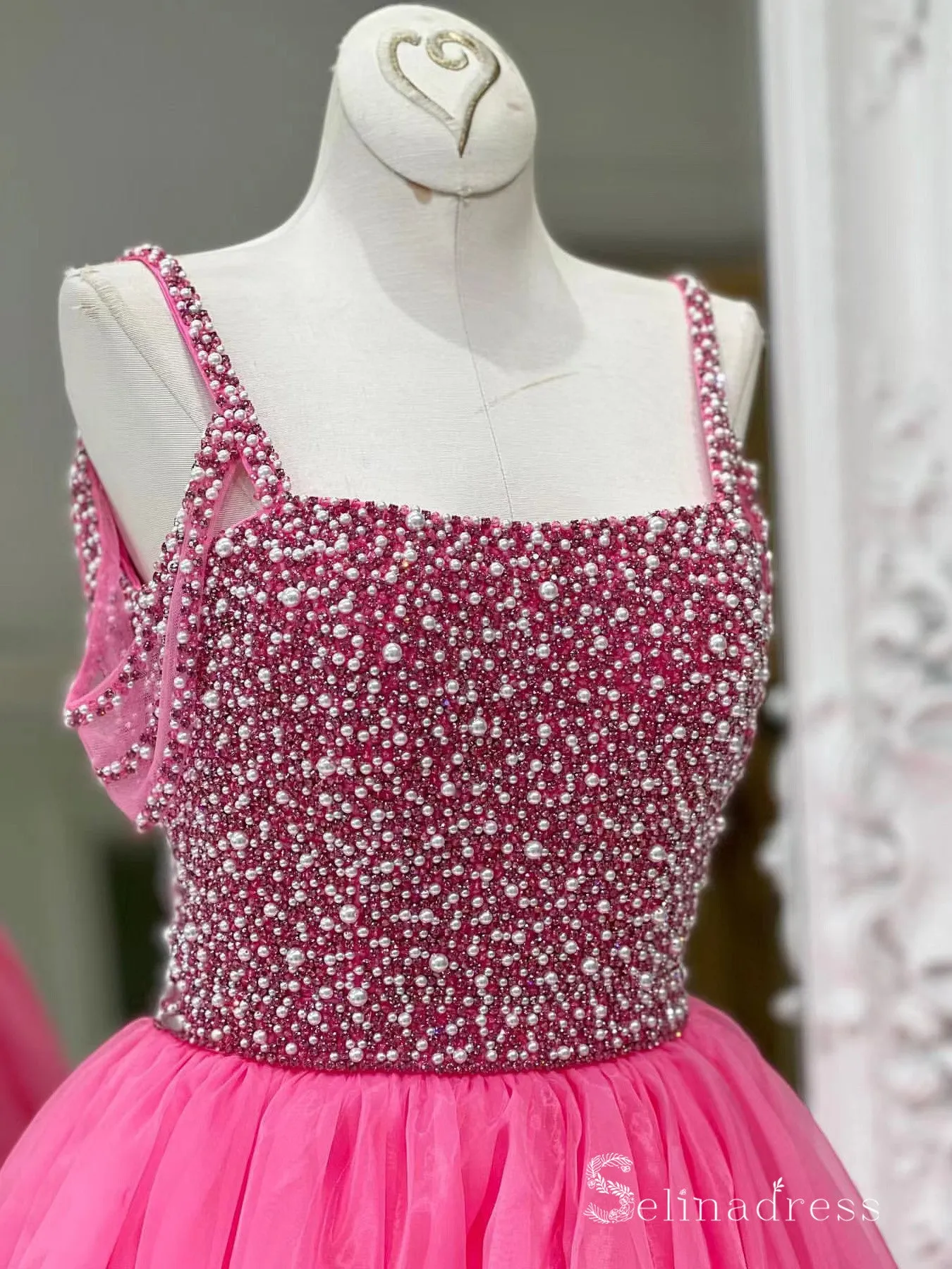 Chic A-line Straps Beaded Long Prom Dresses Fuchsia Evening Dresses MLH2010