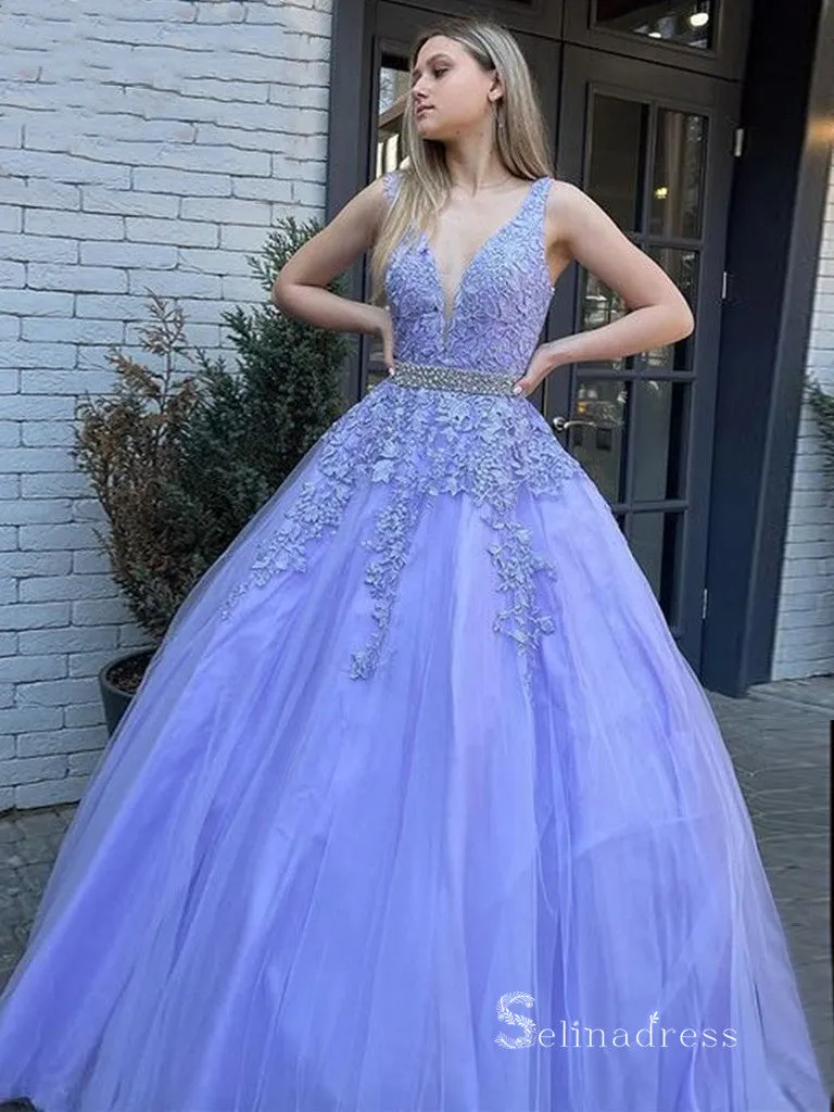 Chic A-line V neck Lavender Long Prom Dresses Applique Lace Evening Gowns CBD560