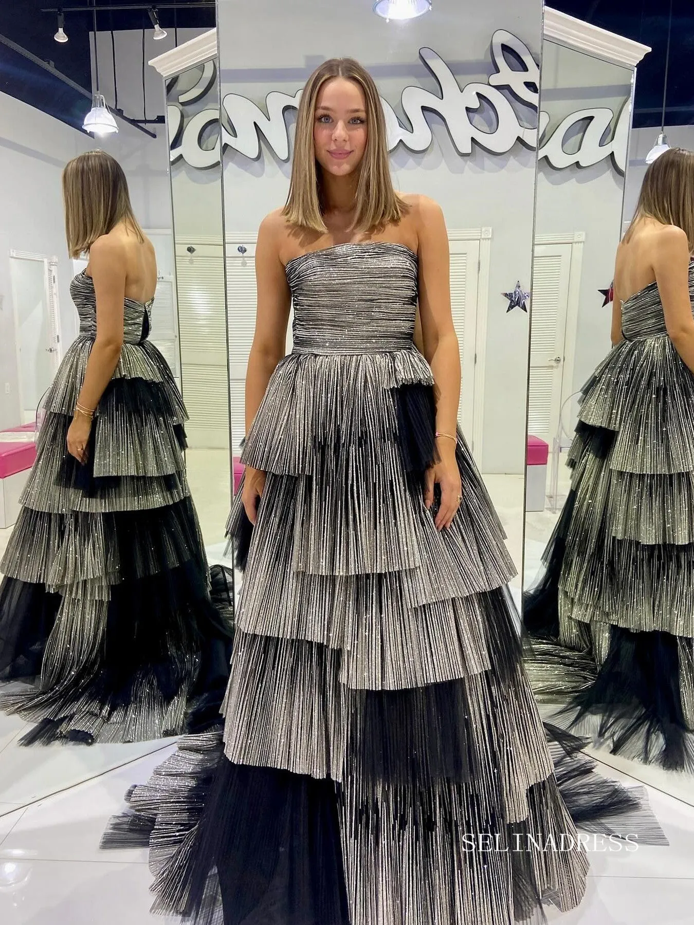 Chic Elegant A-line Strapless Black Long Prom Dresses Cheap Evening Dress lpk153