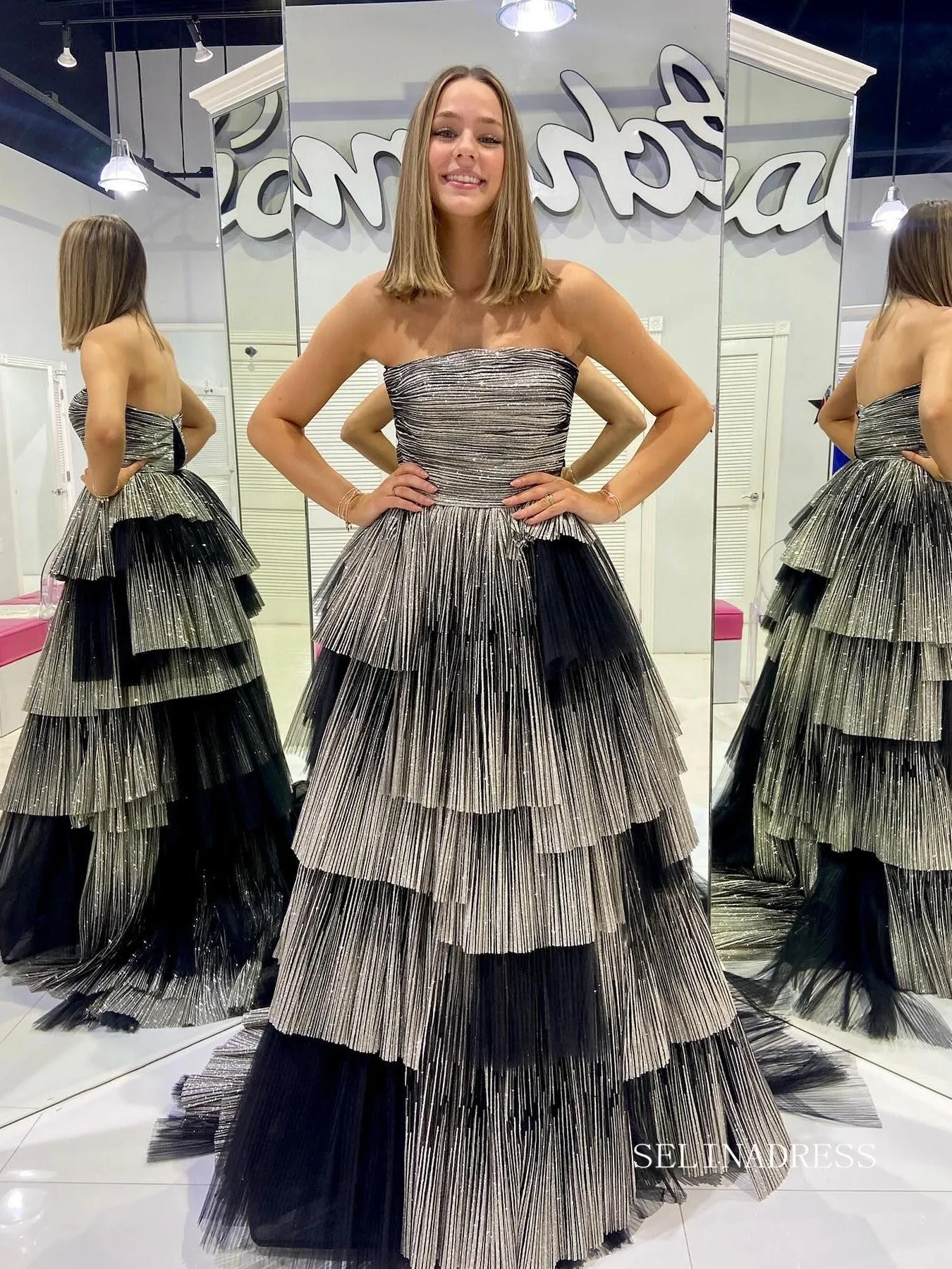 Chic Elegant A-line Strapless Black Long Prom Dresses Cheap Evening Dress lpk153