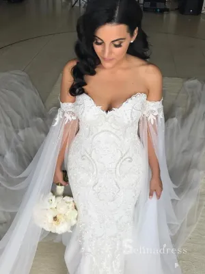 Chic Mermaid Off-the-shoulder Long Sleeve Rustic Beach Lace Court Train Wedding Dresses MLH0498