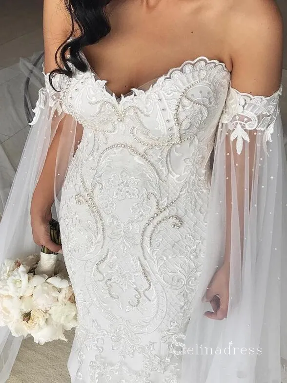 Chic Mermaid Off-the-shoulder Long Sleeve Rustic Beach Lace Court Train Wedding Dresses MLH0498