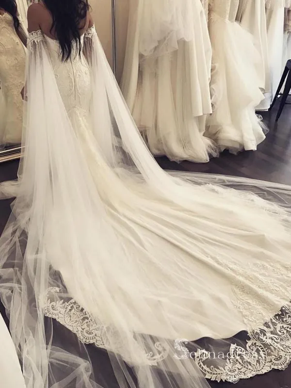 Chic Mermaid Off-the-shoulder Long Sleeve Rustic Beach Lace Court Train Wedding Dresses MLH0498
