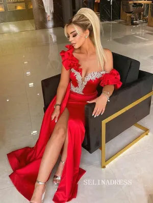 Chic Mermaid Off-the-shoulder Red Long Prom Dresses Cheap Evening Dress SEW0184