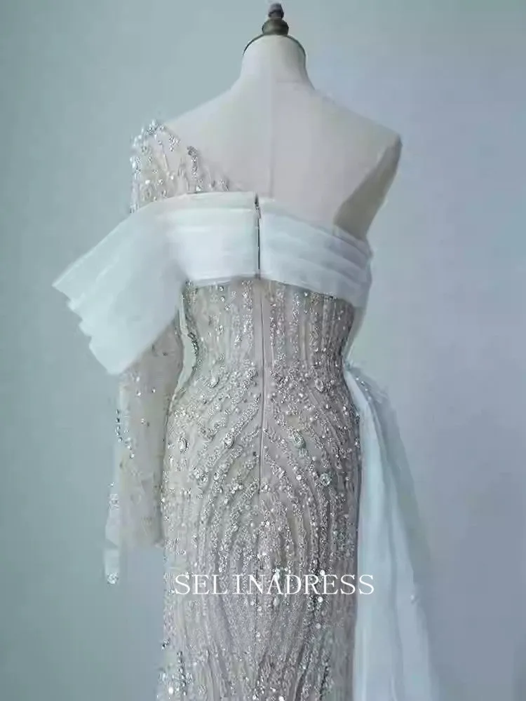 Chic Mermaid One Shoulder Long Sleeve Prom Dresses Elegant Beaded Evening Dress TKL3082