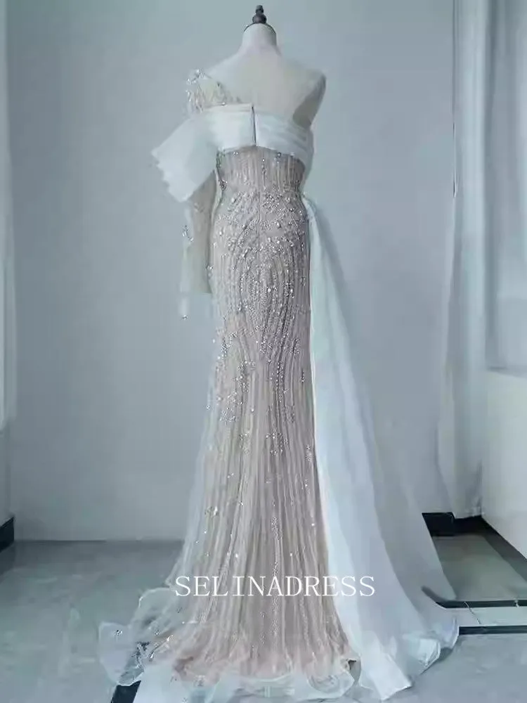 Chic Mermaid One Shoulder Long Sleeve Prom Dresses Elegant Beaded Evening Dress TKL3082