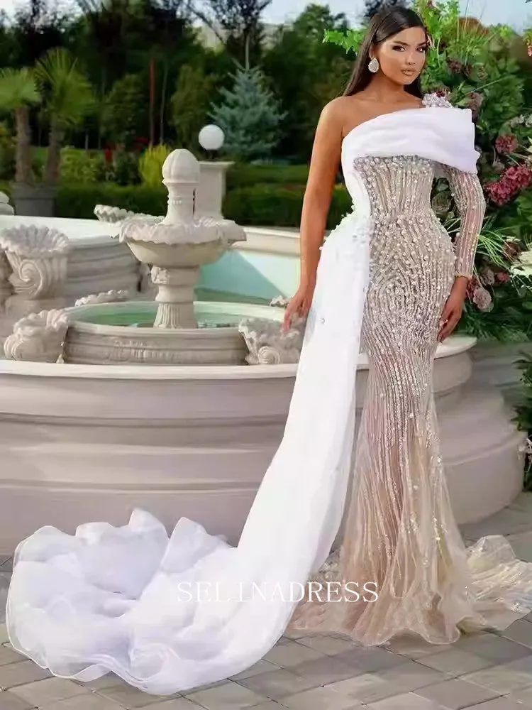Chic Mermaid One Shoulder Long Sleeve Prom Dresses Elegant Beaded Evening Dress TKL3082