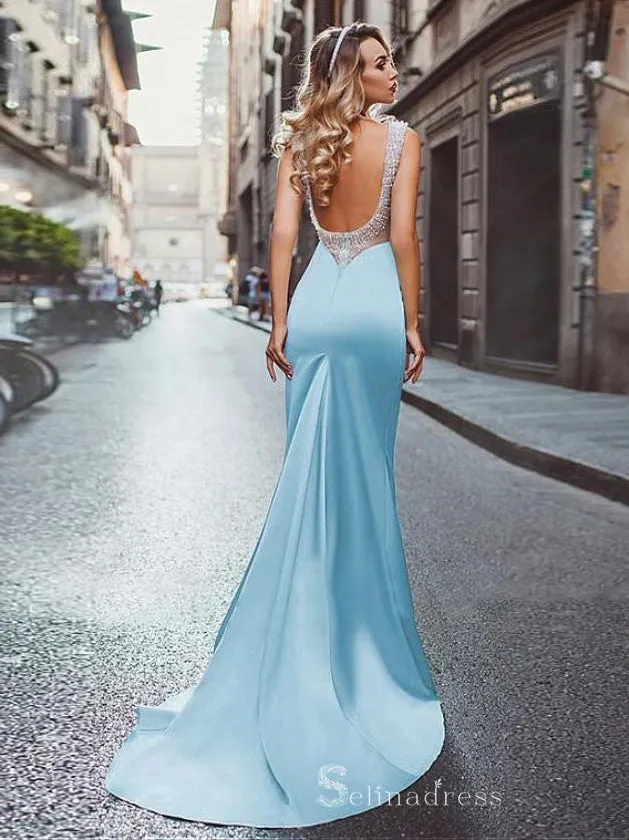 Chic Mermaid Square Light Sky Blue Long Prom Dresses Satin Evening Dress CBD401