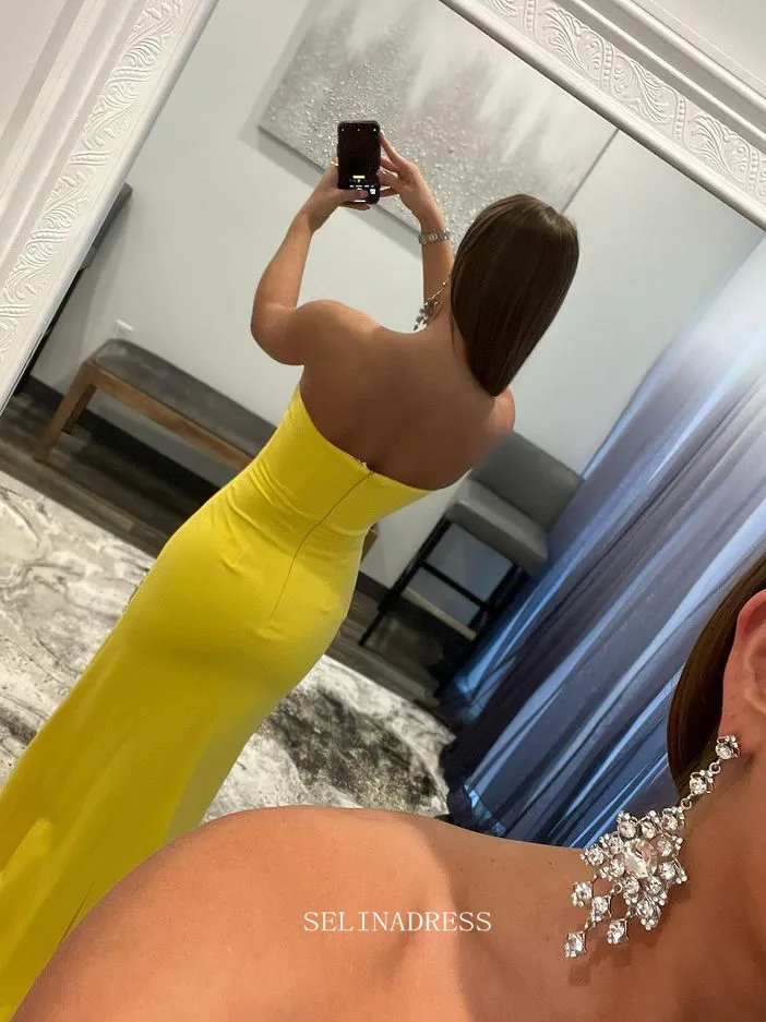 Chic Mermaid Strapless Yellow Long Prom Dresses Thigh Split Evening Dresses Pageant Dress TKL067
