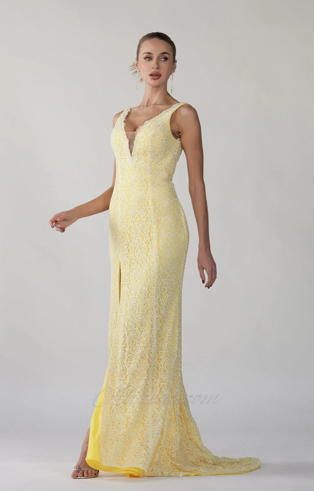 Deep V-Neck Wide Shoulder Straps Front Split Lace Evening Dress
